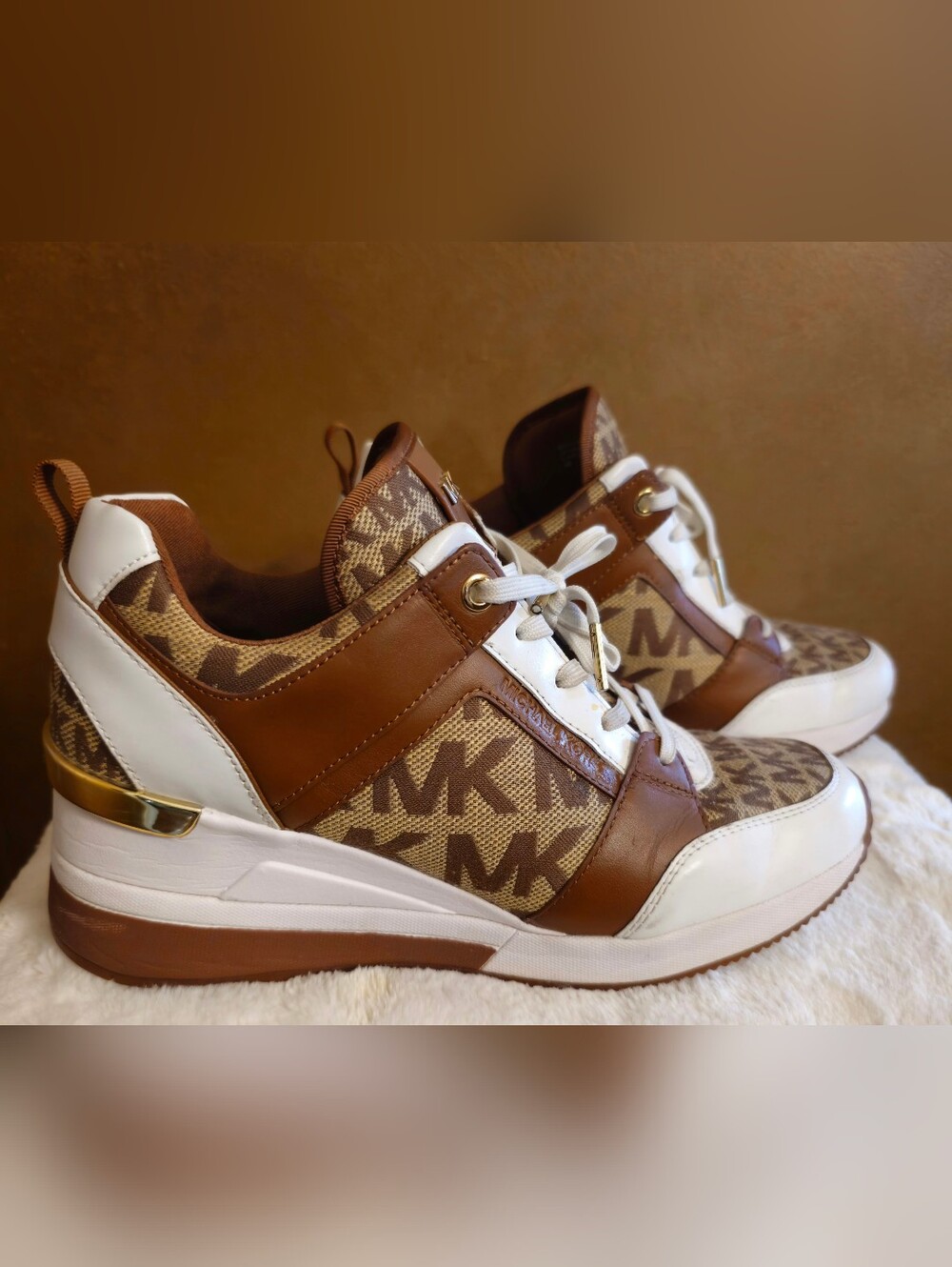 Michael Kors Brown & White MK Logo Wedge Sneakers - Picture 4 of 9